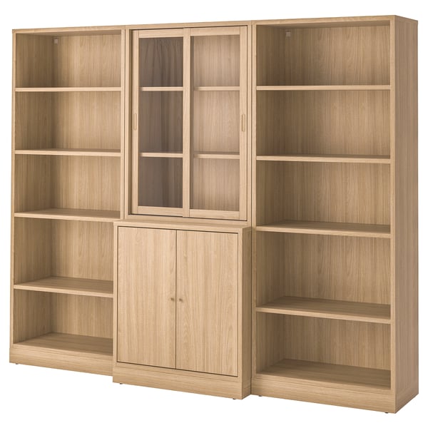 TONSTAD storage comb w sliding glass doors, oak veneer/clear glass, 245x47x201 cm