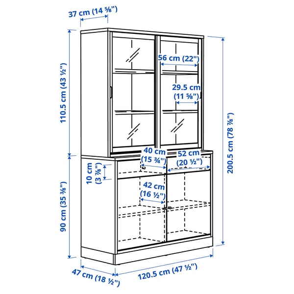 TONSTAD storage comb w sliding glass doors, oak veneer/clear glass, 121x47x201 cm