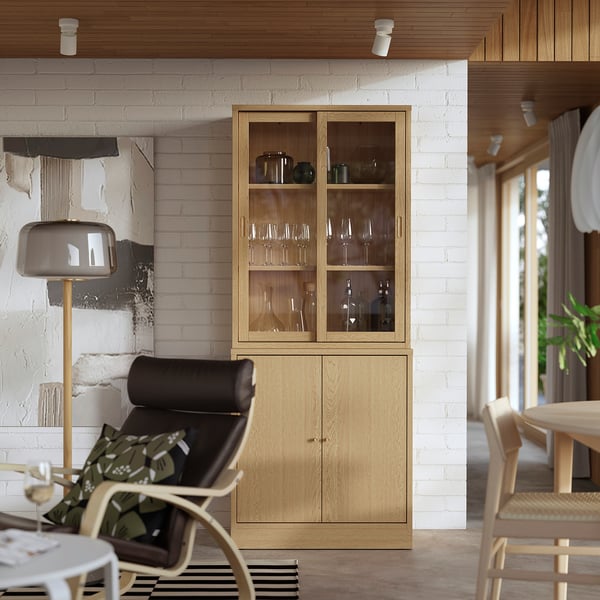 TONSTAD - TONSTAD Storage comb w sliding glass doors, oak veneer/clear glass, 82x47x201 cm