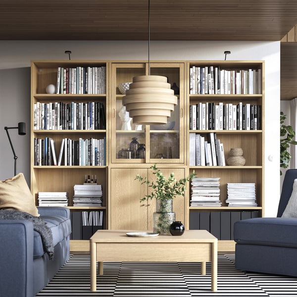TONSTAD storage comb w sliding glass doors, oak veneer/clear glass, 245x47x201 cm