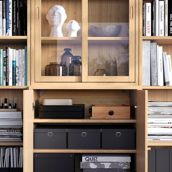 TONSTAD storage comb w sliding glass doors, oak veneer/clear glass, 245x47x201 cm