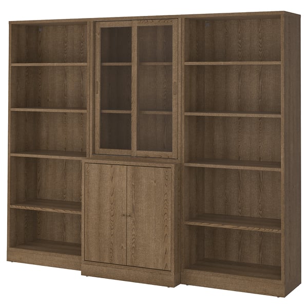 TONSTAD storage comb w sliding glass doors, brown stained oak veneer/clear glass, 245x47x201 cm