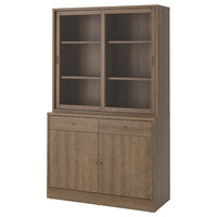 TONSTAD - Storage comb w sliding glass doors, brown stained oak veneer/clear glass, 121x47x201 cm