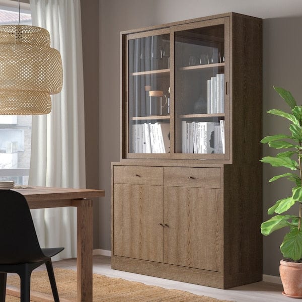 Ikea TONSTAD - Storage comb w sliding glass doors, brown stained oak veneer/clear glass, 121x47x201 cm