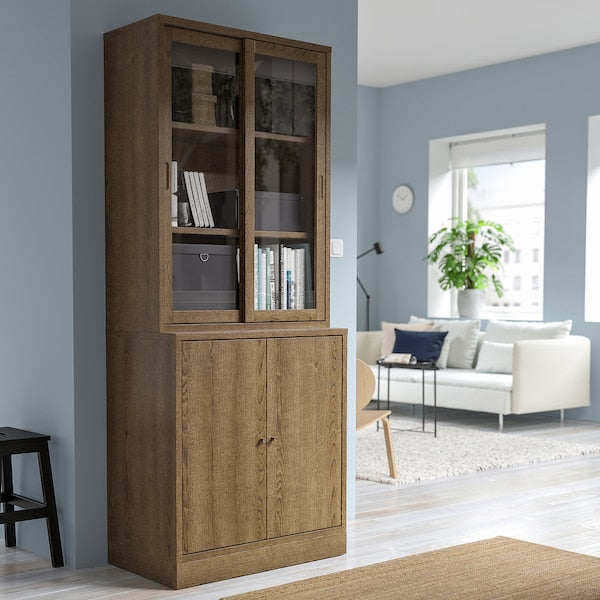 TONSTAD - Storage comb w sliding glass doors, brown stained oak veneer/clear glass, 82x47x201 cm