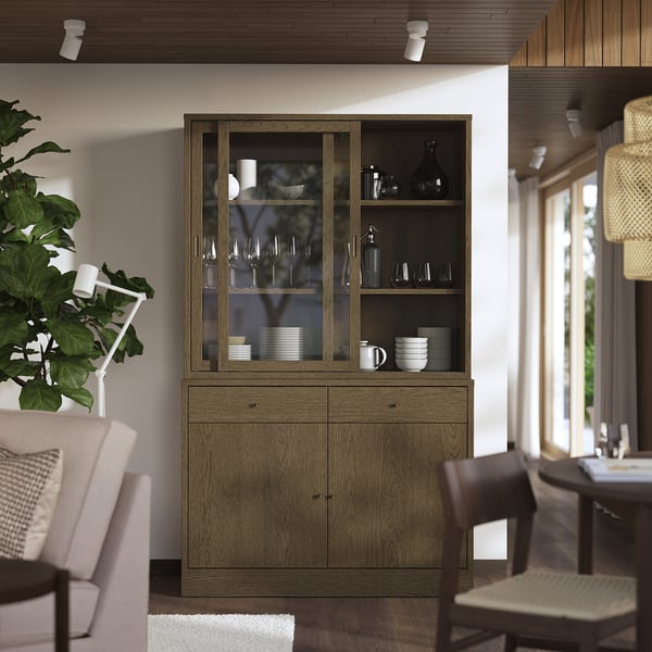 TONSTAD - TONSTAD Storage comb w sliding glass doors, brown stained oak veneer/clear glass, 121x47x201 cm