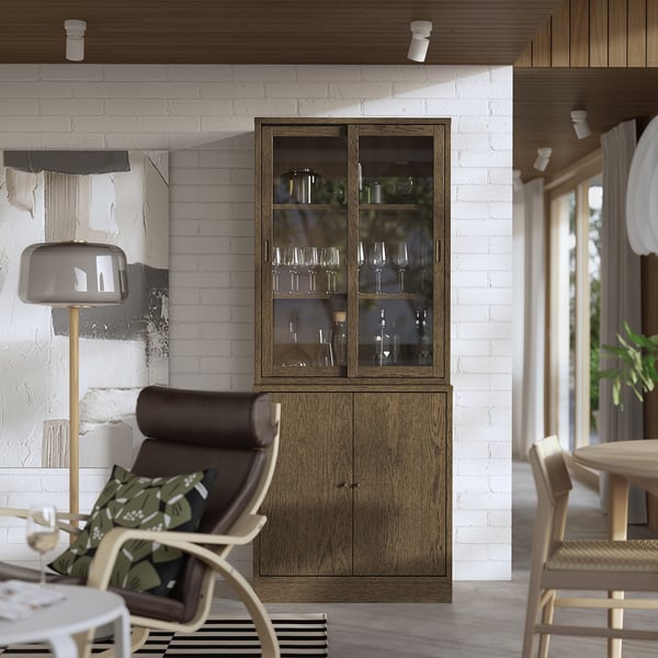 TONSTAD - TONSTAD Storage comb w sliding glass doors, brown stained oak veneer/clear glass, 82x47x201 cm