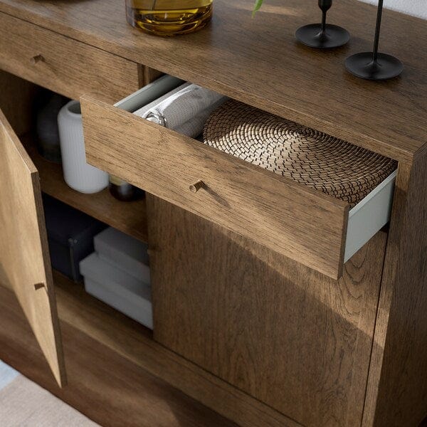 Ikea TONSTAD - Storage comb w sliding glass doors, brown stained oak veneer/clear glass, 121x47x201 cm