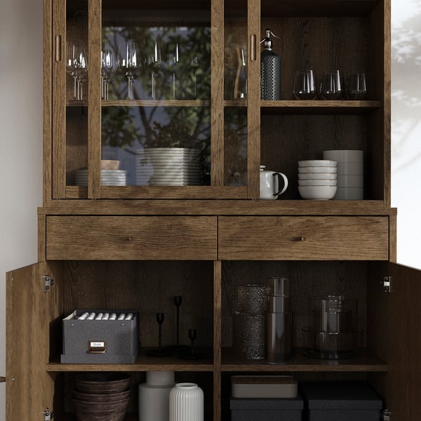 TONSTAD - TONSTAD Storage comb w sliding glass doors, brown stained oak veneer/clear glass, 121x47x201 cm