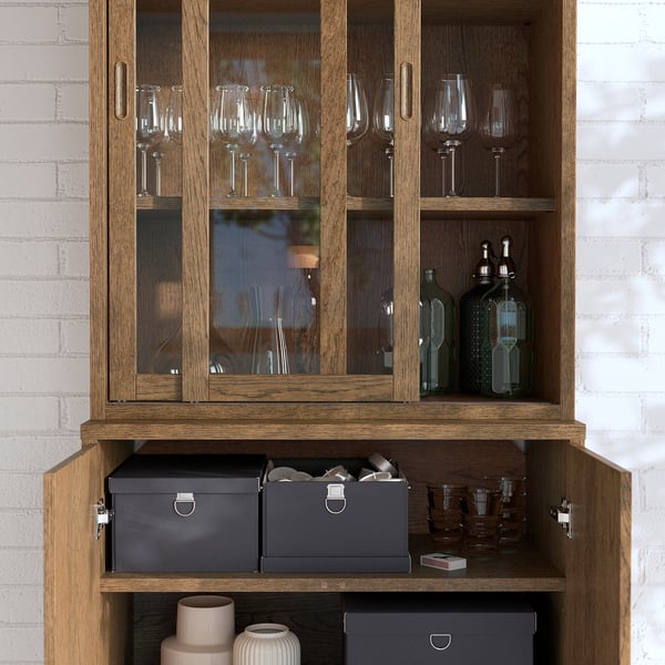 TONSTAD - TONSTAD Storage comb w sliding glass doors, brown stained oak veneer/clear glass, 82x47x201 cm