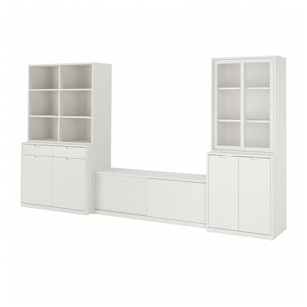 TONSTAD TV storage combination, off-white/clear glass, 377x47x201 cm