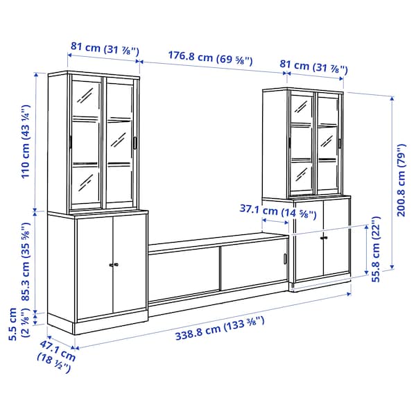 Ikea TONSTAD - TV storage combination, off-white/clear glass, 339x47x201 cm