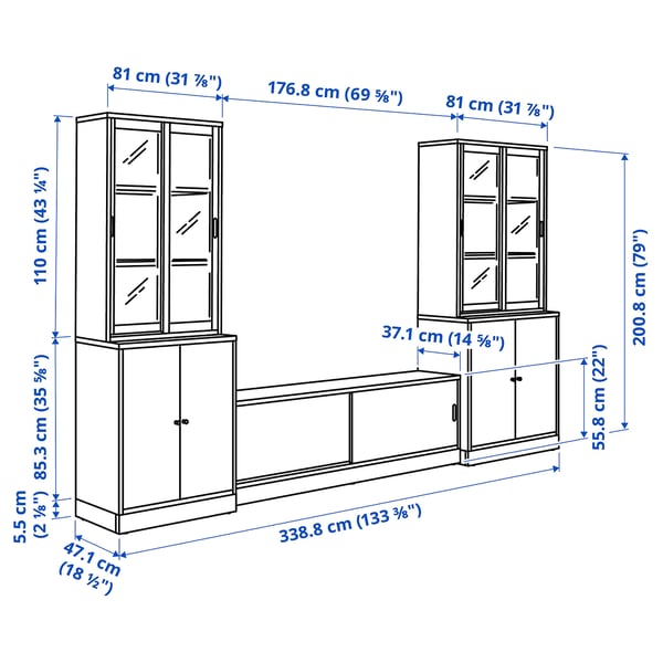 TONSTAD - TONSTAD TV storage combination, off-white/clear glass, 339x47x201 cm