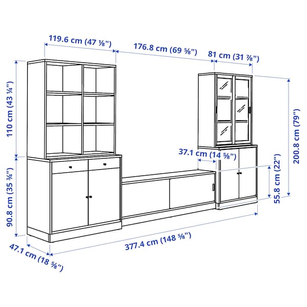 Ikea TONSTAD - TV storage combination, off-white/clear glass, 377x47x201 cm