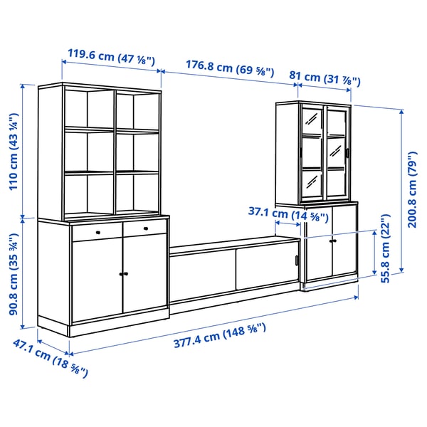 TONSTAD TV storage combination, off-white/clear glass, 377x47x201 cm