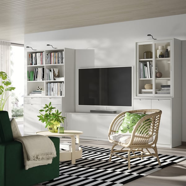 TONSTAD - TONSTAD TV storage combination, off-white/clear glass, 377x47x201 cm