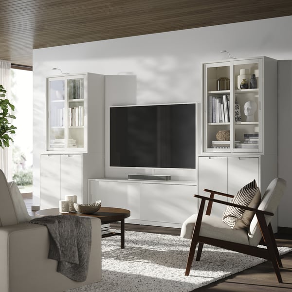TONSTAD - TONSTAD TV storage combination, off-white/clear glass, 339x47x201 cm