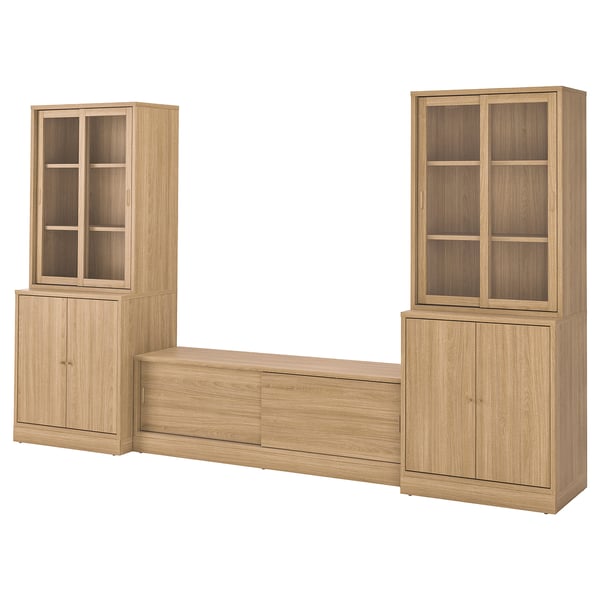 TONSTAD - TONSTAD TV storage combination, oak veneer/clear glass, 342x47x201 cm