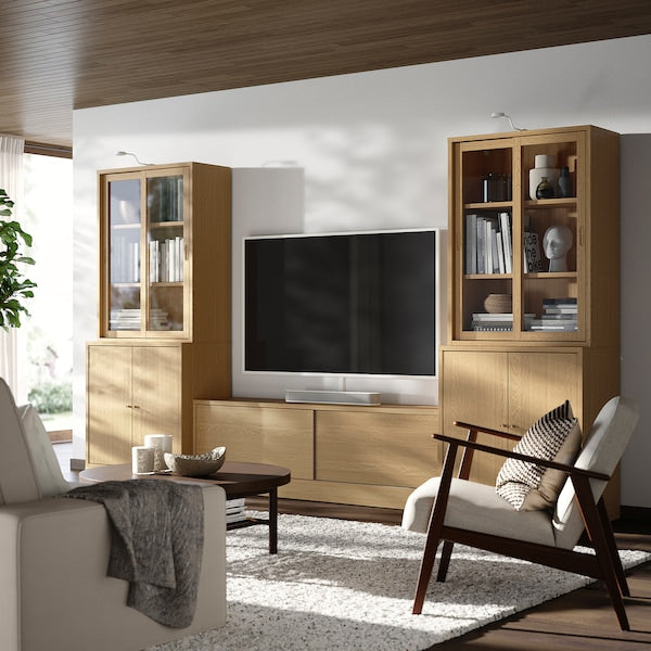 TONSTAD - TV storage combination, oak veneer/clear glass, 342x47x201 cm