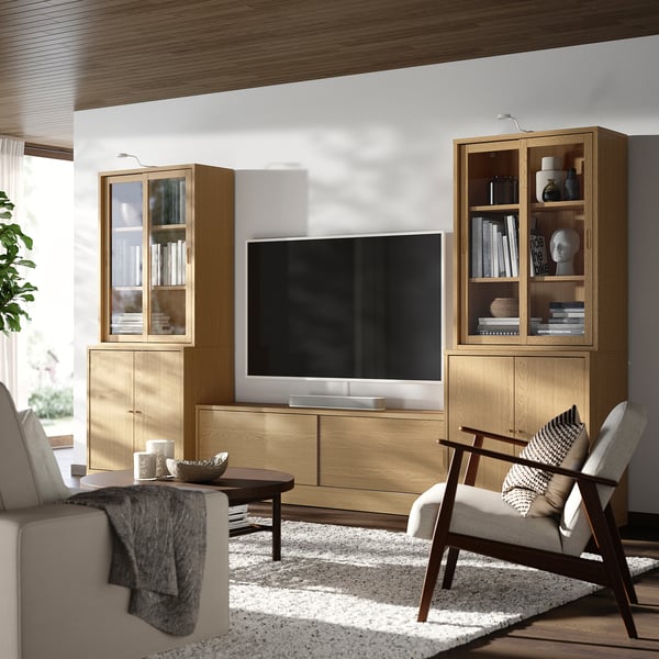 TONSTAD TV storage combination, oak veneer/clear glass, 342x47x201 cm