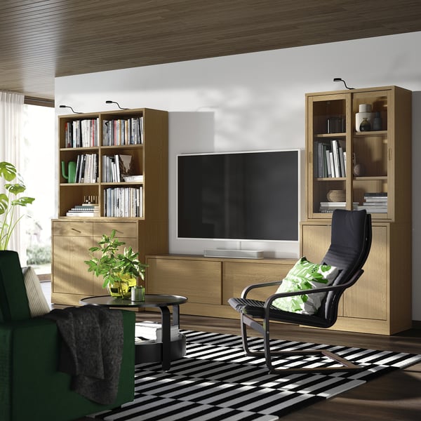 TONSTAD TV storage combination, oak veneer/clear glass, 381x47x201 cm