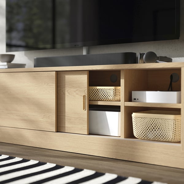 TONSTAD TV storage combination, oak veneer/clear glass, 381x47x201 cm