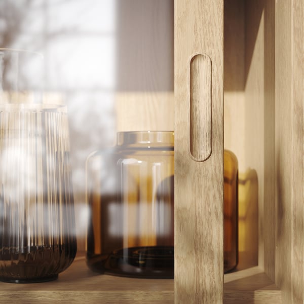 TONSTAD TV storage combination, oak veneer/clear glass, 342x47x201 cm