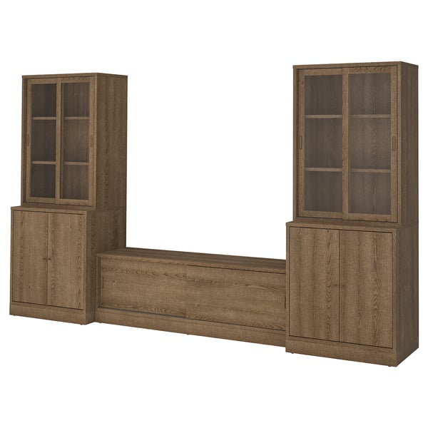 TONSTAD - TONSTAD TV storage combination, brown stained oak veneer/clear glass, 342x47x201 cm
