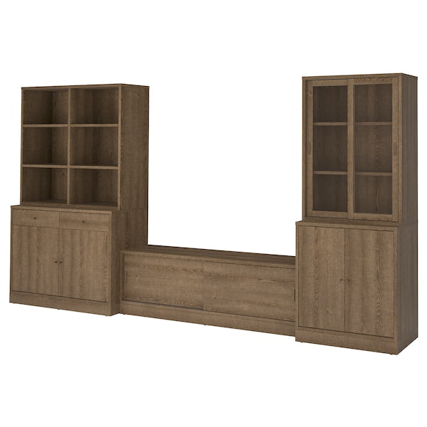 TONSTAD - TV storage combination, brown stained oak veneer/clear glass, 381x47x201 cm