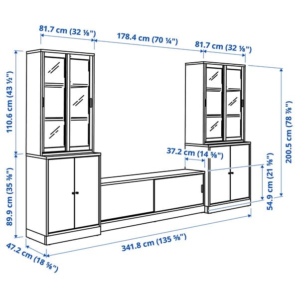 Ikea TONSTAD - TV storage combination, brown stained oak veneer/clear glass, 342x47x201 cm