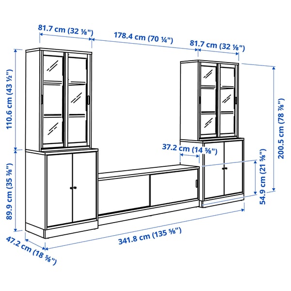 TONSTAD - TONSTAD TV storage combination, brown stained oak veneer/clear glass, 342x47x201 cm
