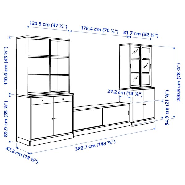 Ikea TONSTAD - TV storage combination, brown stained oak veneer/clear glass, 381x47x201 cm