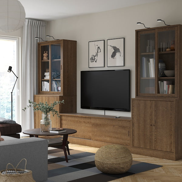 TONSTAD - TV storage combination, brown stained oak veneer/clear glass, 342x47x201 cm