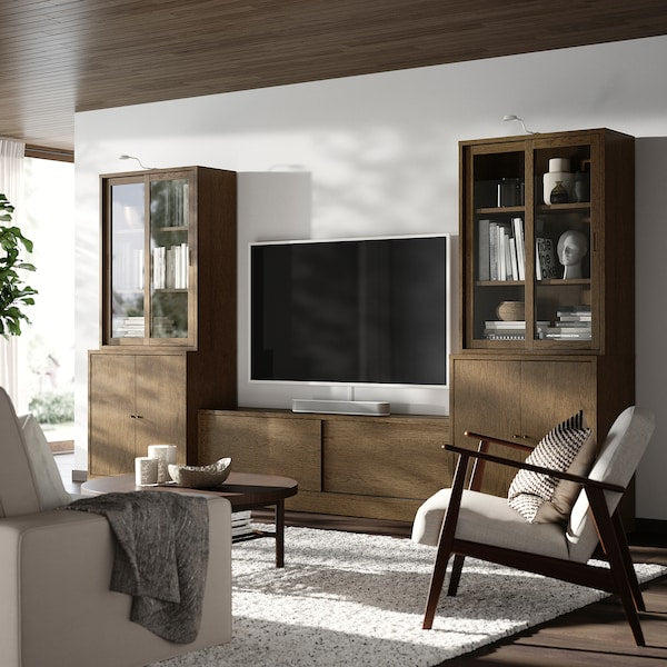 TONSTAD - TV storage combination, brown stained oak veneer/clear glass, 342x47x201 cm