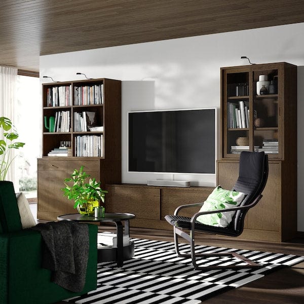 Ikea TONSTAD - TV storage combination, brown stained oak veneer/clear glass, 381x47x201 cm