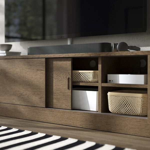 TONSTAD TV storage combination, brown stained oak veneer/clear glass, 381x47x201 cm