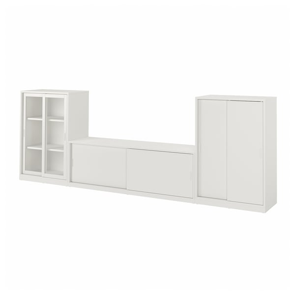 TONSTAD TV/storage comb with sliding doors, off-white/clear glass, 339x37x116 cm