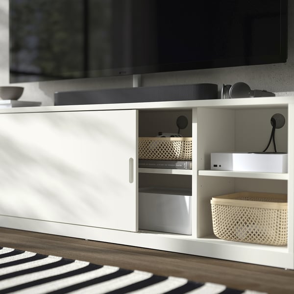 TONSTAD TV/storage comb with sliding doors, off-white/clear glass, 339x37x116 cm
