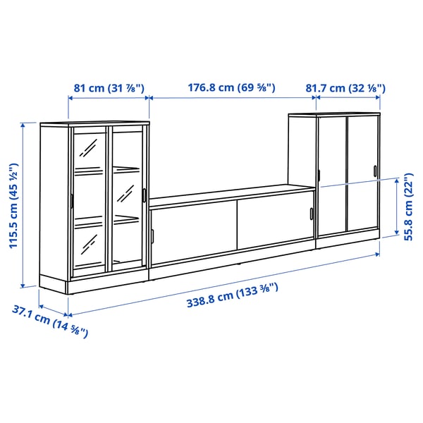 TONSTAD TV/storage comb with sliding doors, off-white/clear glass, 339x37x116 cm
