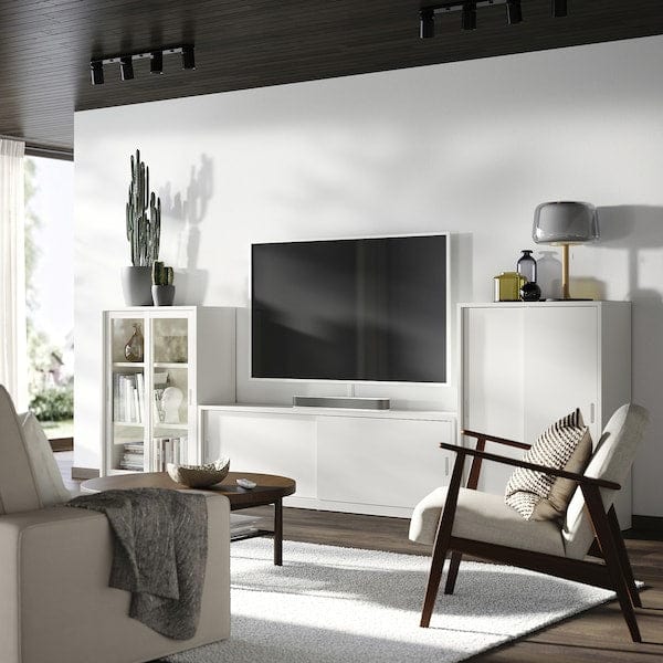 Ikea TONSTAD - TV/storage comb with sliding doors, off-white/clear glass, 339x37x116 cm