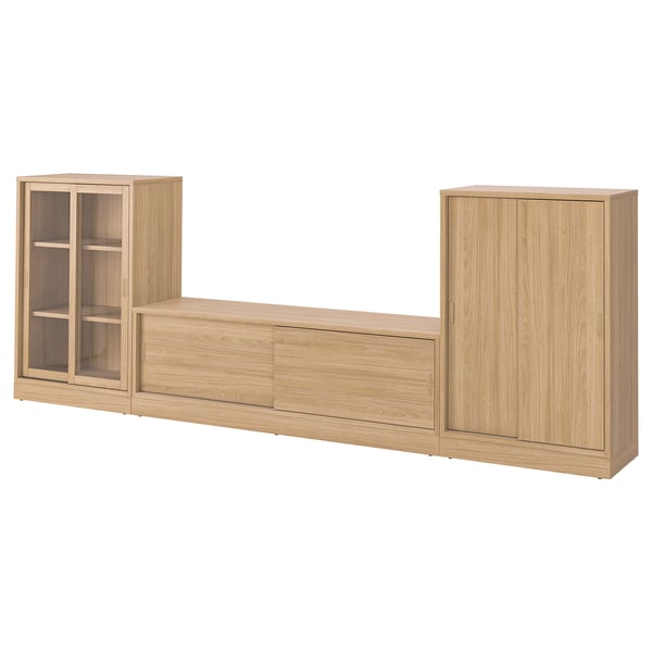 TONSTAD - TONSTAD TV/storage comb with sliding doors, oak veneer/clear glass, 342x37x120 cm