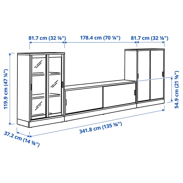 TONSTAD - TONSTAD TV/storage comb with sliding doors, oak veneer/clear glass, 342x37x120 cm