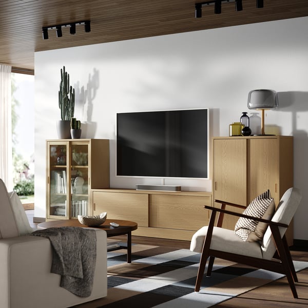 TONSTAD TV/storage comb with sliding doors, oak veneer/clear glass, 342x37x120 cm