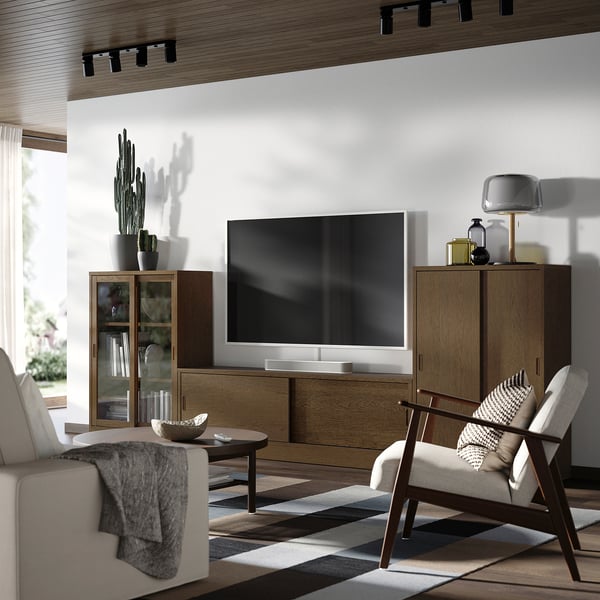 TONSTAD - TONSTAD TV/storage comb with sliding doors, brown stained oak veneer/clear glass, 342x37x120 cm