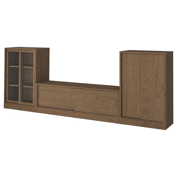 TONSTAD - TONSTAD TV/storage comb with sliding doors, brown stained oak veneer/clear glass, 342x37x120 cm