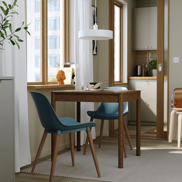 TONSTAD / GRÖNSTA table and 2 chairs, brown oak veneer/grey-turquoise, 80/120x70 cm