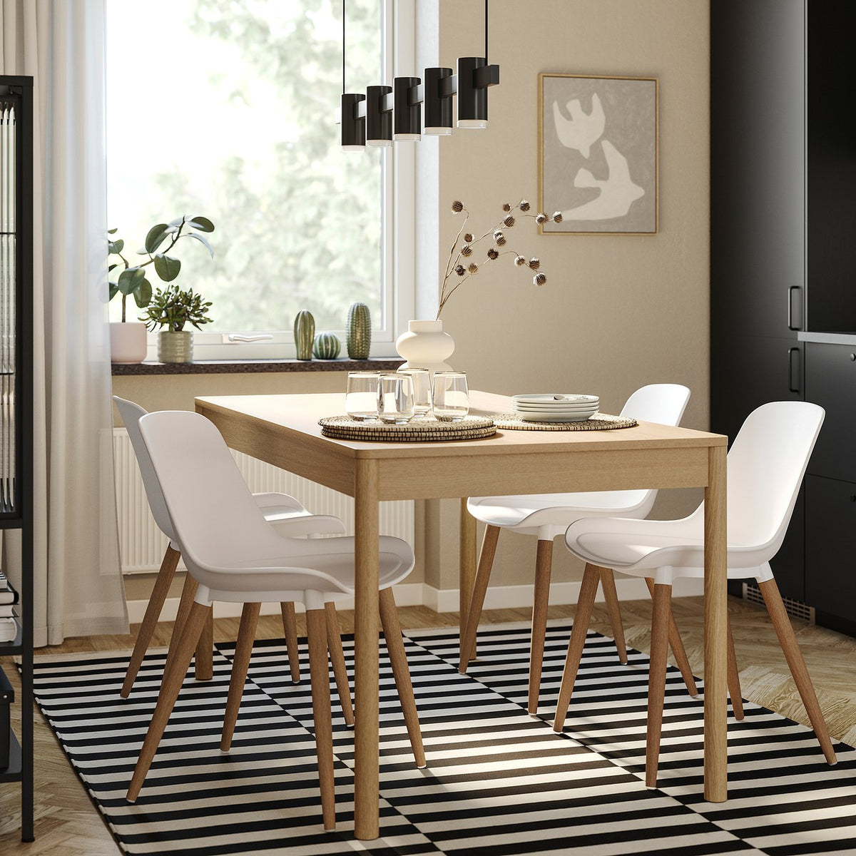 TONSTAD / GRÖNSTA table and 4 chairs, oak veneer/white, 150x80 cm
