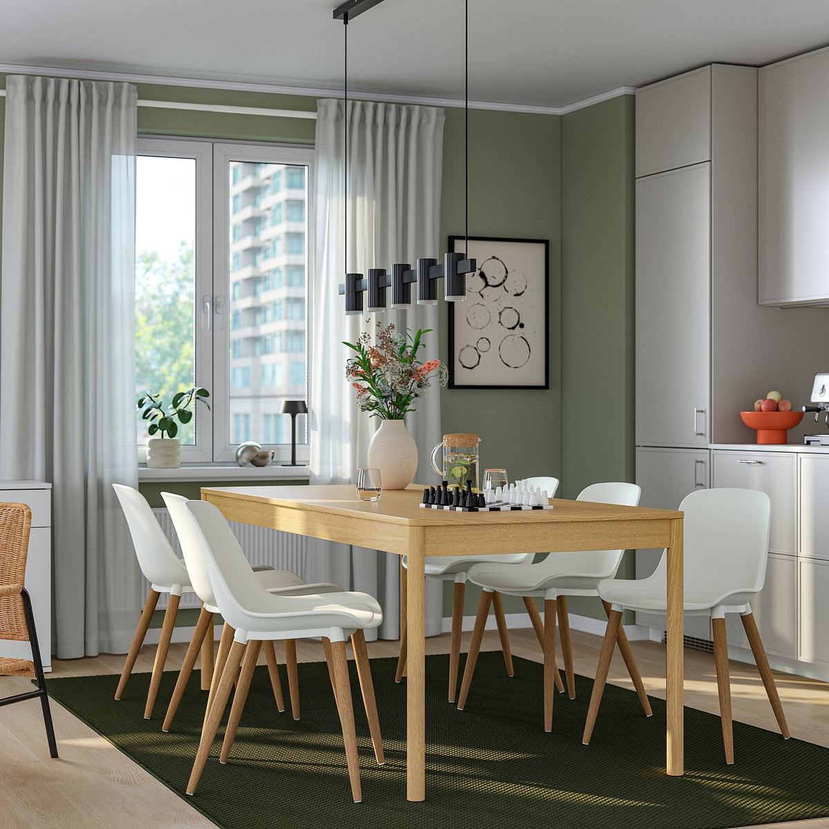 TONSTAD / GRÖNSTA table and 6 chairs, oak veneer/white, 200x85 cm
