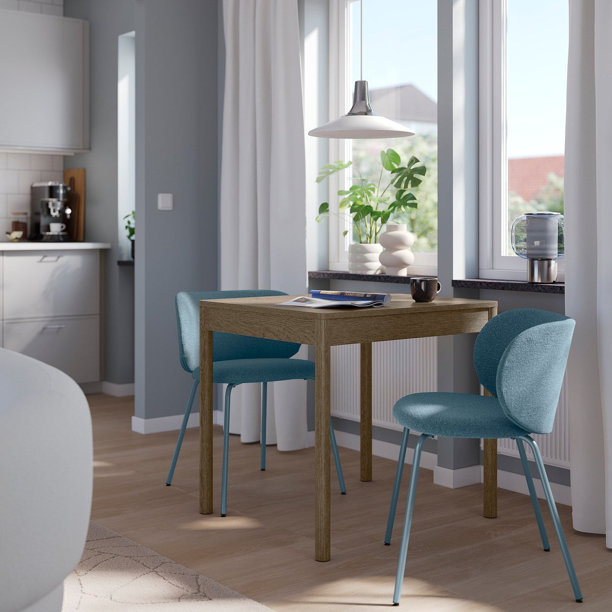 TONSTAD / KRYLBO table and 2 chairs, brown stained oak veneer/Axvall blue, 80/120x70 cm