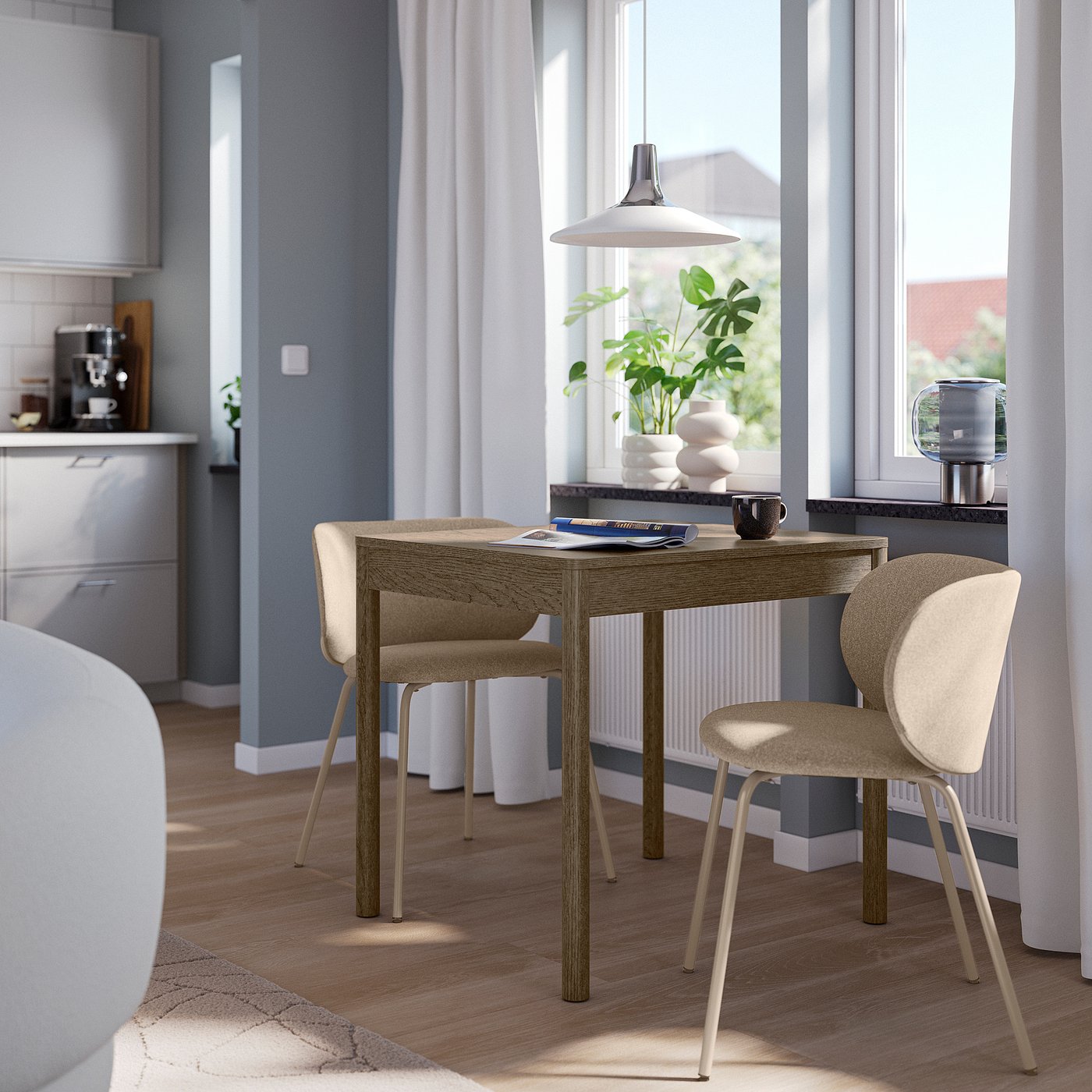 TONSTAD / KRYLBO table and 2 chairs, brown stained oak veneer/Tonerud dark beige, 80/120x70 cm